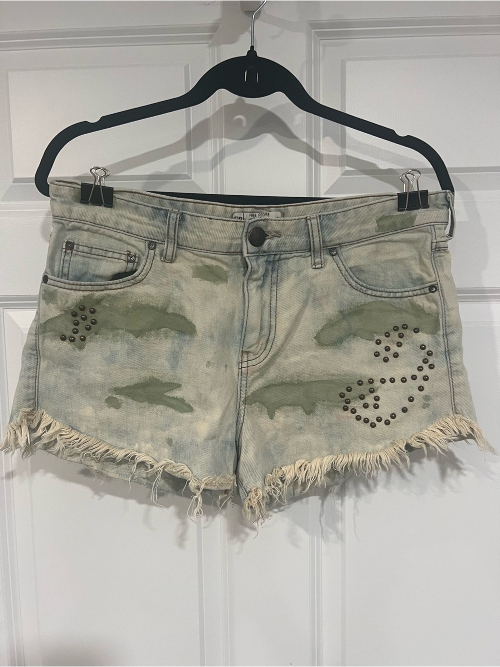 Free People Light Green Camo Studded Distressed Denim Shorts